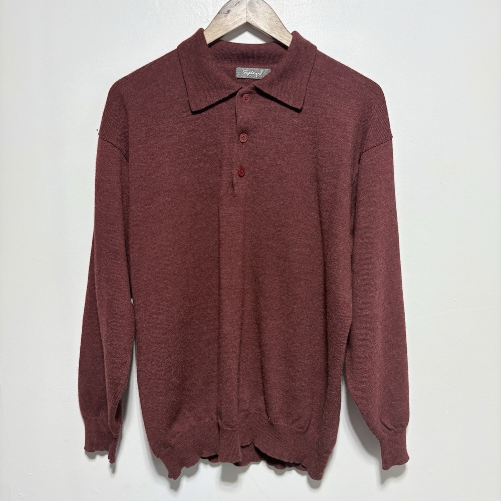 Spiegel Sweater Mens XL Maroon Merino Wool Pullover Button Neck Collar Preppy